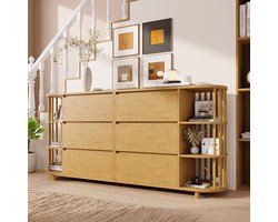 STILVORA Dressoir - Romeins Retro Design Met Zuilen En Bambusrekken - 6 Lades - Verstelbare Poten - MDF;Bamboe - 160x40x75 cm - Lichtbruin