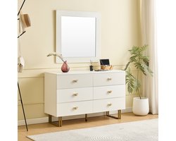 STILVORA Dressoir Set - Modern Wit Dressoir Met Gouden Accenten - 6 Ruime Lades En Vierkante Spiegel 80x80 cm - Voor Hal Slaapkamer - MDF - 120x40x75 cm