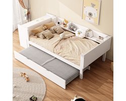 STILVORA Eenpersoonsbed 90x200 cm – Bed met Uittrekbaar Onderschuifbed & Ingebouwd Bureau – 3 Zijplanken Voor Opberging – Grenen/MDF – Wit – Zonder Matras