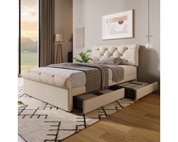 STILVORA Eenpersoonsbed 90x200 cm – Gestoffeerd bed met verstelbaar hoofdeinde & Chesterfield-knopen – 2 lades met wieltjes – Linnen – Beige – Zonder matras