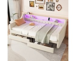 STILVORA Eenpersoonsbed 90x200 cm – Slaapbank Zonder Matras – LED-Licht Met Afstandsbediening & USB – 2 Lades Opbergruimte – Linnen – Beige