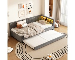 STILVORA Eenpersoonsbed 90x200 cm - Uitklapbed Met USB & LED - Uitschuifbaar Logeerbed En Hoofdeinde Opbergvakken - Linnen;MDF - Grijs - Zonder Matras