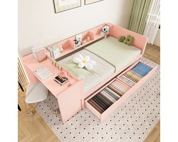 STILVORA Eenpersoonsbed 90x200cm – Bed Met Bureau & 2 Laden – Compacte Oplossing Voor Kleinere Kamers – Vuren – Roze – Zonder Matras