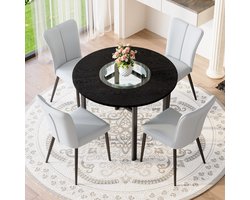 STILVORA Eethoek 100 cm - Ronde Tafel Met 4 Eetkamerstoelen En Glazen Inleg - Voor Eetkamer En Woonkamer - MDF Zwart