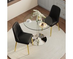 STILVORA Eethoek Set 85 cm - Ronde Glazen Eettafel Met 2 Eetkamerstoelen - Voor Keuken En Eetkamer - Zwart Goud