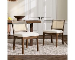 STILVORA Eetkamerstoel Set Van 2 - Comfortabel Met Rotan Rugleuning En Linnen Kussen - Voor Eetkamer Woonkamer En Café - Massief Hout Walnoot