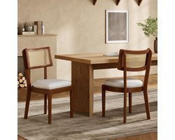 STILVORA Eetkamerstoelen - Massief Houten Frame - Rieten Rugleuning - Comfortabel met Lichte Leinen Kussens - Voor Eetkamer, Woonkamer en Café - Notenhout