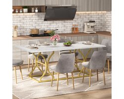 STILVORA Eettafel - Marmerlook Voor 8 Tot 10 Personen - Moderne Eetkamer En Keuken - MDF En Metaal - 200x80x76 Cm - Wit;Goud