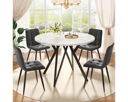 STILVORA Eettafel Rond - Marmerlook Tafelblad Met Metalen Onderstel - Voor Eetkamer Woonkamer Kantoor - MDF - Zwart - 100x100x76 Cm