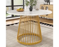 STILVORA Eettafel - Ronde Tafel Voor Vier Personen - Marmerlook Blad En Verstelbare Poten - MDF;Metaal - Wit;Goud - 80x80x76 Cm
