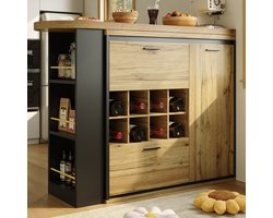 STILVORA Eettafel - Uitrekbare Eettafel Met Opberging - 2 Laden En Wijnrek - Voor Keuken En Woonkamer Bartafel - MDF;Metaal - 138-220x39x105 cm - Notenbruin