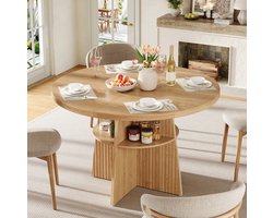 STILVORA Eettafel - Uitschuifbare Ronde Tafel Met Opbergplank - Voor Keuken En Eetkamer - Houtlook MDF - 110-150x110x77,5 Cm - Naturel