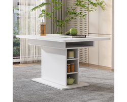 STILVORA Eettafel - Uittrekbare Eettafel Met Opbergruimte - Ruimtebesparend Met Middenkolom - Flexibel Voor Eten En Werken - Spaanplaat+Metaal - Wit