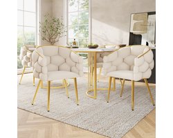 STILVORA Eettafelset 5 Delig - 140×80×75 Cm - 1 Tafel 4 Stoelen - Fluweel Beige - MDF Wit Marmerlook - Metalen Poten Goud
