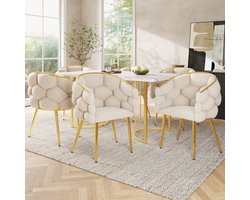 STILVORA Eettafelset Met 6 Stoelen – Marmerlook Tafelblad – Voor Keuken En Eetkamer – Fluweel Beige Goud Wit – 140×80×75 Cm
