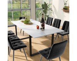 STILVORA Eettafelset Met 8 Stoelen - Uitschuifbare Eettafel 140 180x80x75 cm - Fluwelen Stoelen Grijs - MDF Wit - Metalen Poten Zwart