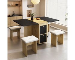 STILVORA Eettafelset - Uitschuifbare En Klapbare Eettafel Met 4 Stoelen - Multifunctioneel Voor Eten En Werk - Spaanplaat - 120x80x75cm - Wit+Lichtbruin+Zwart