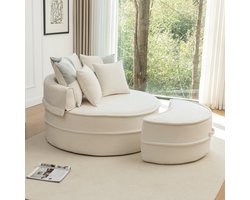 STILVORA Fauteuil 121 Cm - Ronde Chaise Longue Met Hocker En 5 Kussens - Voor Woonkamer En Slaapkamer - Chenille Beige
