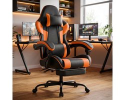 STILVORA Gamestoel – Ergonomisch – Verstelbare Rugleuning En Uitschuifbare Voetsteun – Voor Gamen En Kantoor – PVC Oranje
