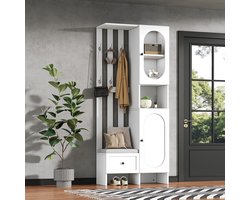 STILVORA Garderobekast - Compact Halmeubel Met Dubbele Kast En Gehard Glasdeuren - 6 Haken En Lade Als Schoenbank - Spaanplaat - 85x33,5x200 cm - Wit