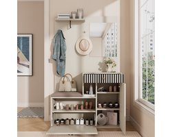 STILVORA Garderobekast – Compacte Garderobe Met Spiegel En Gepolsterde Zitbank – MDF Met Softclose Deuren – 110x185,5x37 cm – Beige+Crèmewit