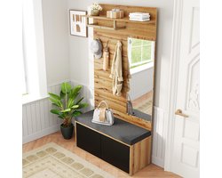 STILVORA Garderobekast – Compacte Garderobe Met Spiegel En Gepolsterde Zitbank – Schoenopberging En Haken – Spaanplaat – 100x38x190 cm – Zwart+Notenbruin
