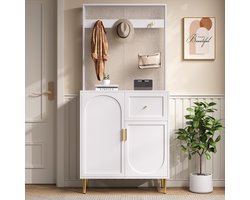 STILVORA Garderobekast – Compacte Hal Kast Met Gedempte Scharnieren En Verstelbare Planken – Met Haken En Lade – MDF – 80x175,5x35 cm – Wit+Goud