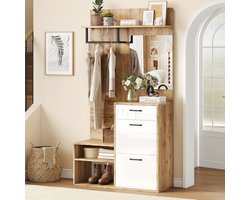 STILVORA Garderobekast - Garderobe Met Spiegel En Zitbank - 1 Lade - 2 Klapdeuren - Spaanplaat - 100x38,5x190 cm - Wit+Lichtbruin
