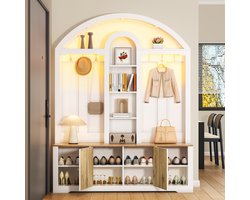 STILVORA Garderobekast - Gebogen Ontwerp Met Open Planken - Met Metalen Haakjes Voor Jassen - Dubbele Deuren En Opbergruimte - MDF - 150x40x195 cm - Wit