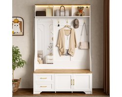 STILVORA Garderobekast Multifunctioneel Met 16-Kleur LED Vak, Spiegel En Haken - Lades En Deuren Voor Hal En Entree - MDF - 120x40x187 cm - Wit+Lichtbruin