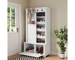 STILVORA Garderobekast - Schuifdeur Design Met Meervoudig Schoenenrek En Haken - Ruime Opbergruimte Voor Hal En Entree - MDF - 100x50x180 cm - Wit