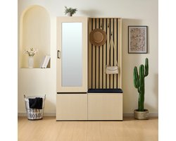 STILVORA Garderobekast - Smal 2-in-1 Garderobe met Spiegel en Zitbank - Uittrekbare Kleerhanger, Schoenvak en 4 Haken voor Hal en Slaapkamer - MDF - Lichtbruin