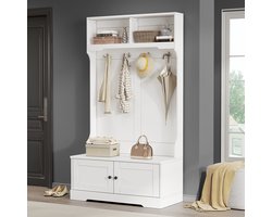 STILVORA Garderobekast - Zitbank Met Opbergruimte En 4 Haken - 2 Open Vakken - Softclose - Spaanplaat - 101,5x183 Cm - Wit - Anti-Kantel