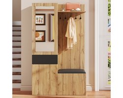 STILVORA Garderobeset - 5 Haken En 2 Schoenkasten Met Spiegel - Zitbank Voor Hal En Entree - MDF - 98,5x38x191 cm - Zwart+Notenbruin