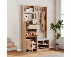 STILVORA Garderobeset - Garderobe Met Zitbank En Gatenbord - 108.5x35x180 Cm - 2 Deuren 1 Lade - Spaanplaat - Natural+White - Voor Hal En Entree