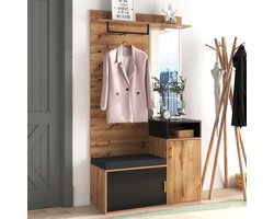 STILVORA Garderobeset - Halmeubel Met Spiegel En Zitbank - 4 Haken, Schoenenruimte Voor Entree - Spaanplaat/MDF - 105x40x191,5 Cm - Zwart+Notenbruin