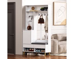 STILVORA Garderobeset - Halmeubel Met Wandmontage En Schoenenbank - 1 Deur 2 Lades En 4 Haken Met Opbergruimte - Kapstok Kast Voor Hal - Hout - 100x35x180 cm - Wit