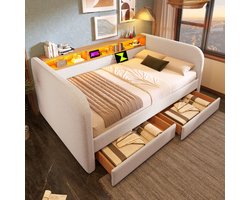 STILVORA Gestoffeerd bed 140x190 cm – Met LED & USB-C Oplaadfunctie – 2 Opberglades En App-Regelbaar Hoofdbord – Linnen/Hout – Lichtbeige – Zonder matras