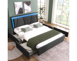 STILVORA Gestoffeerd Bed 140x200 cm - LED-Hoofdeinde Verstelbaar ±10 cm - 4 Lade Opbergruimte Met Rollen - Hout/Metaal Modern - Grijs - Zonder matras