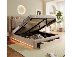 STILVORA Gestoffeerd Bed 140x200 cm – LED Verlicht Tweepersoonsbed – Hoofdeinde Verstelbaar – Hydraulisch Opbergbed Met Schuiflades – Fluweel – Beige