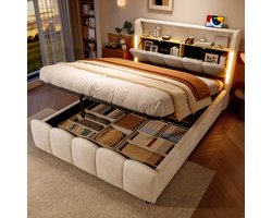STILVORA Gestoffeerd bed 140x200 cm – Met Hydraulische Opbergruimte & Opberghoofd – LED-zijlampen, USB & Type-C – Fluweel – Beige – Zonder matras