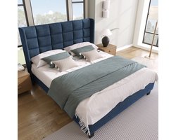 STILVORA Gestoffeerd Bed 140x200 cm - Tweepersoonsbed Met Gestoffeerd Hoofdeinde En Lattenbodem - Linnen - Blauw (exclusief Matras)