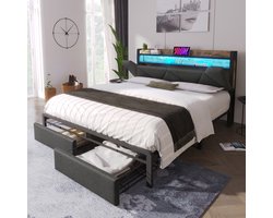 STILVORA Gestoffeerd Bed 140x200 cm - Tweepersoonsbed Met USB Oplaadfunctie En Lade - Linnen - Grijs