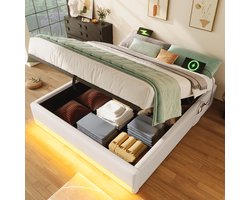 STILVORA Gestoffeerd bed 140x200 cm – Tweepersoonsbed Zonder matras – Hydraulische opbergruimte & LED – USB/Type-C Laadpoort – Linnen – Beige