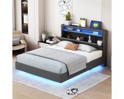 STILVORA Gestoffeerd Bed 140x200 cm - USB en LED Sfeerverlichting - Omklapbaar Hoofdeinde Met Opbergruimte - Verborgen Poten - Linnen Stof - Grijs - Zonder matras