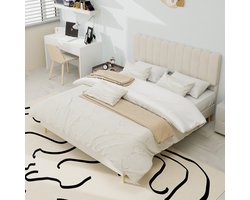 STILVORA Gestoffeerd Bed 140x200 Cm – Zacht Fluwelen Hoofdbord – Stevig Platform Zonder Opbergruimte – Slaapkamer – Stof En Metaal – Zonder Matras – Beige