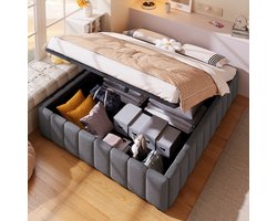 STILVORA Gestoffeerd Bed 140x200 - Tweepersoonsbed Met Lades En Hydraulische Opslag - Linnen - Grijs