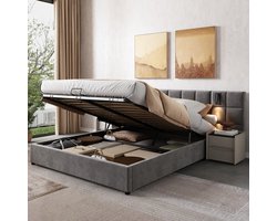 STILVORA Gestoffeerd bed 160x200 cm – Hydraulische opbergruimte – Ruitmotief hoofdbord met schuim, leeslamp & USB – Staal – Grijs – Zonder matras