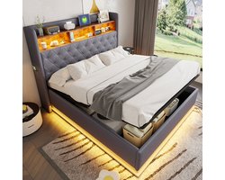 STILVORA Gestoffeerd Bed 160x200 cm - LED Sfeerverlichting en USB Oplaadpunt - Hydraulisch Opbergbed - Linnen Bekleding - Zonder matras - Grijs