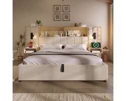 STILVORA Gestoffeerd Bed 160x200 cm – Met Leeslampen En Oplaadfunctie – Hydraulische Opbergruimte – Met Nachtkastjes – Vintage Linnen – Beige – Zonder Matras